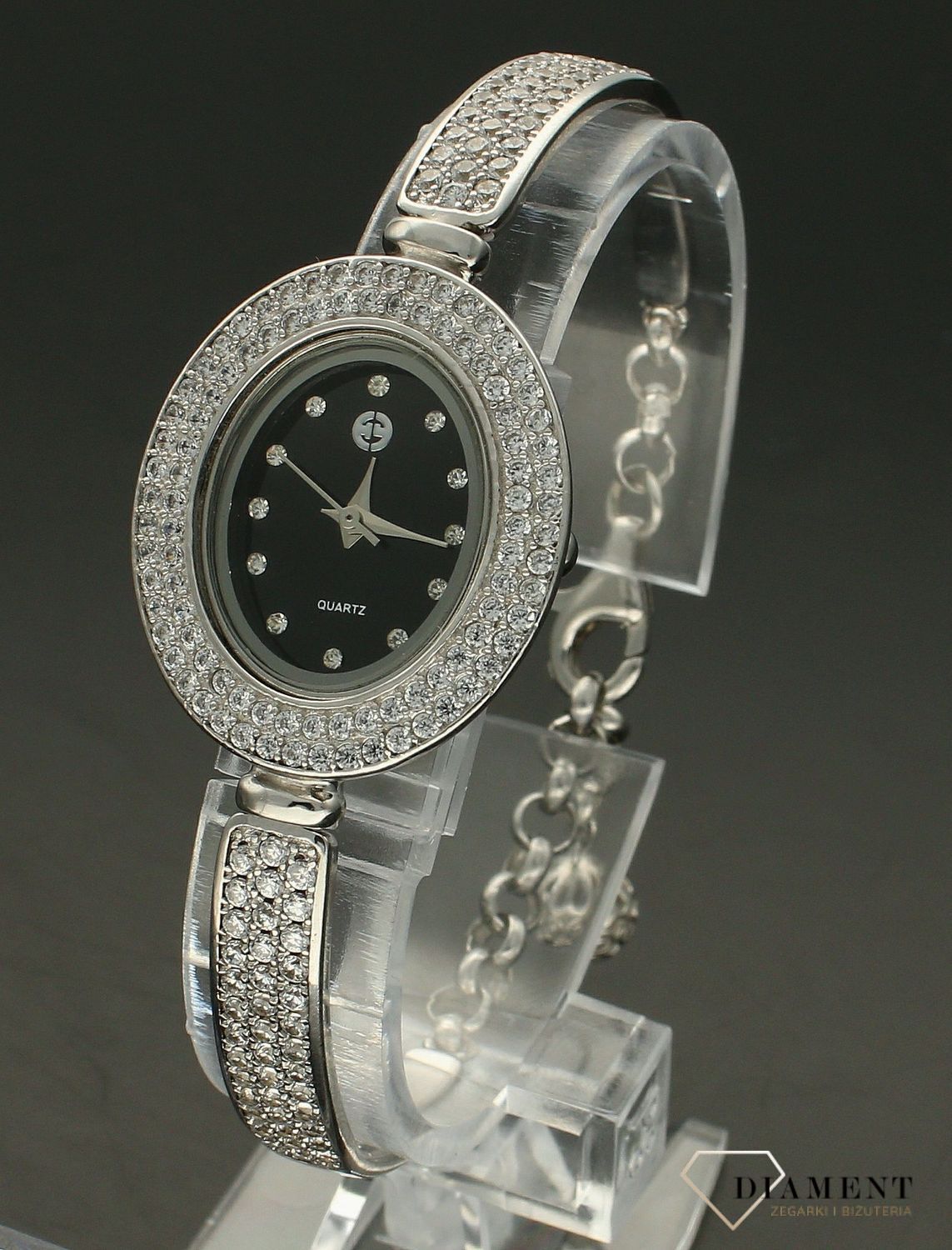 Zegarek damski srebrny z czarną tarczą i cyrkoniami 925 'Czarny Owal' (6).jpg